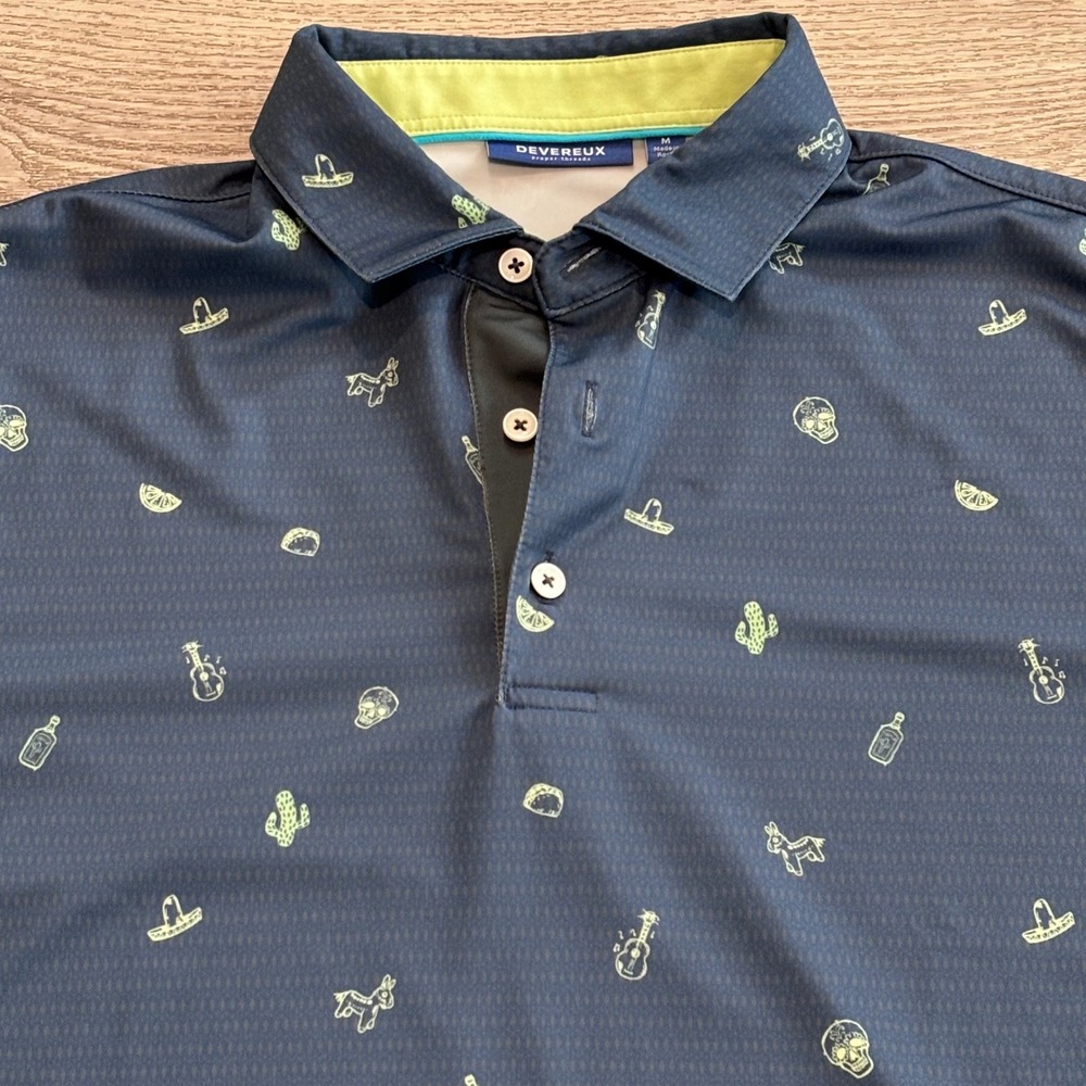 Devereux Golf Polo Mens Medium Blue Fiesta Skull Cactus Print Performance Casual